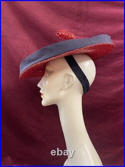 Vintage 40s Straw Hat Tilt Raffia Pin Betty Co Ed Red Navy Saucer 30s Antique