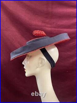 Vintage 40s Straw Hat Tilt Raffia Pin Betty Co Ed Red Navy Saucer 30s Antique