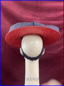 Vintage 40s Straw Hat Tilt Raffia Pin Betty Co Ed Red Navy Saucer 30s Antique