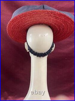 Vintage 40s Straw Hat Tilt Raffia Pin Betty Co Ed Red Navy Saucer 30s Antique