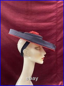 Vintage 40s Straw Hat Tilt Raffia Pin Betty Co Ed Red Navy Saucer 30s Antique