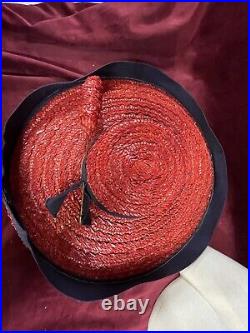 Vintage 40s Straw Hat Tilt Raffia Pin Betty Co Ed Red Navy Saucer 30s Antique