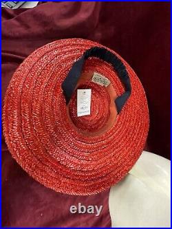 Vintage 40s Straw Hat Tilt Raffia Pin Betty Co Ed Red Navy Saucer 30s Antique