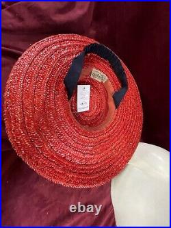 Vintage 40s Straw Hat Tilt Raffia Pin Betty Co Ed Red Navy Saucer 30s Antique