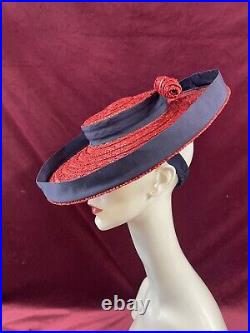 Vintage 40s Straw Hat Tilt Raffia Pin Betty Co Ed Red Navy Saucer 30s Antique