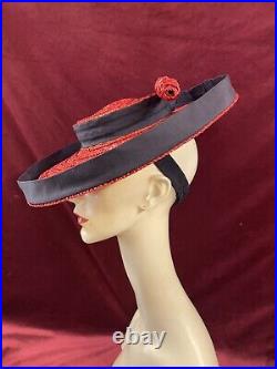 Vintage 40s Straw Hat Tilt Raffia Pin Betty Co Ed Red Navy Saucer 30s Antique