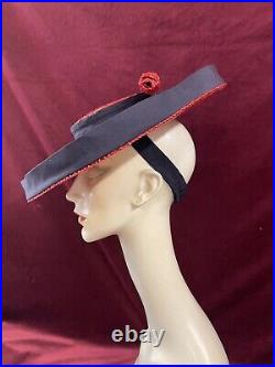 Vintage 40s Straw Hat Tilt Raffia Pin Betty Co Ed Red Navy Saucer 30s Antique