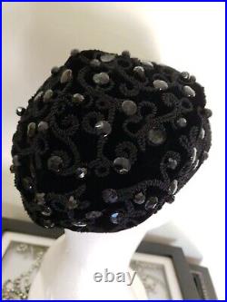 Vintage 40s or 50s Black Beaded Velvet RONNIE Ladies EVENING HAT