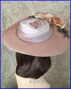 Vintage 50's Hat, 1950's Straw Platter Hat Roses Wide Brim Wedding Garden Party