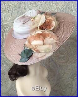Vintage 50's Hat, 1950's Straw Platter Hat Roses Wide Brim Wedding Garden Party