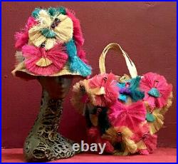 Vintage 50s 60s Hat And Bag Set Beach Straw Purse Raffia Pink Green High Crown
