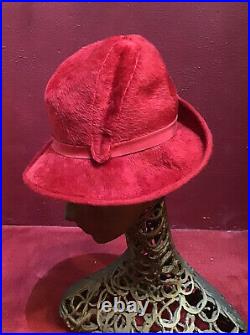 Vintage 50s 60s Made In Paris Schiaparelli Wool Fur Red Deep Hat