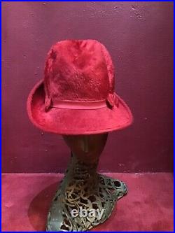 Vintage 50s 60s Made In Paris Schiaparelli Wool Fur Red Deep Hat