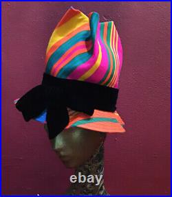 Vintage 50s 60s Mod Beach Rainbow Striped Hat Tilt By Doris
