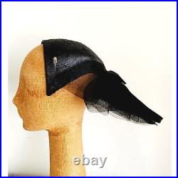 Vintage 50s Bes-Ben Hat Black Straw Large Rear Bow Panel