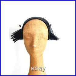 Vintage 50s Bes-Ben Hat Black Straw Large Rear Bow Panel