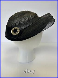 Vintage 50s HAT Original Roberta Bernays Women's Woven Black Velvet Ornamented