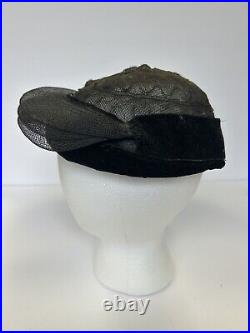 Vintage 50s HAT Original Roberta Bernays Women's Woven Black Velvet Ornamented