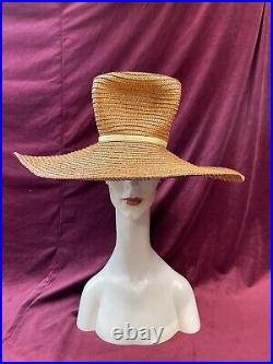 Vintage 50s Happy Cappers Raffia Straw Sun Hat Wide Brim Tall Crown Oversized 40