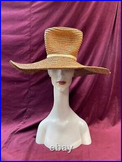 Vintage 50s Happy Cappers Raffia Straw Sun Hat Wide Brim Tall Crown Oversized 40