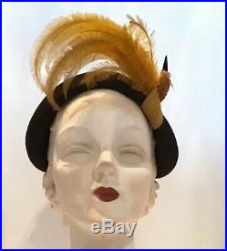 Vintage 50s Marie Belle Brown Wool Felt Hat Mustard Bird 40s Tilt Fascinator