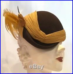 Vintage 50s Marie Belle Brown Wool Felt Hat Mustard Bird 40s Tilt Fascinator