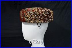 Vintage 50s Oriental Millininary TOKYO Shanghai pheasant feathers pillbox hat