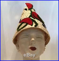 Vintage 50s Original Goofy Gob Straw Cone Hat Withwatermelon Details