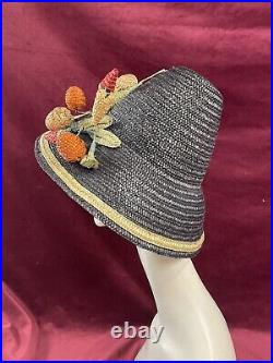 Vintage 50s Straw Hat Black Beach High Crown Woven Fruits Italy Raffia Novelty