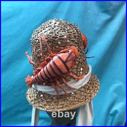 Vintage 50s Straw Hat Raffia Tall Crown Beach Novelty Japan lobster crab