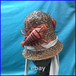 Vintage 50s Straw Hat Raffia Tall Crown Beach Novelty Japan lobster crab