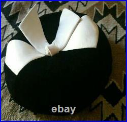 Vintage 50s Striking Yves Saint Laurent Hat Black Velvet White Leather Bow Label