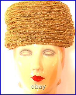 Vintage 60s Gold Pillbox Hat Schiaparelli WithBow Wrapped gold Horsehair WithBox