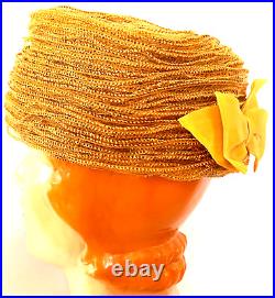 Vintage 60s Gold Pillbox Hat Schiaparelli WithBow Wrapped gold Horsehair WithBox