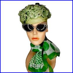 Vintage 60s Green Rose Millinery Floral Velvet Bows Birdcage Pillbox Hat Veil