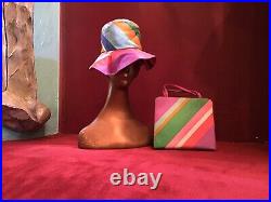 Vintage 60s Margaret Smith Striped Hat Matching Bag Mod Beach Purse Novelty