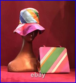 Vintage 60s Margaret Smith Striped Hat Matching Bag Mod Beach Purse Novelty