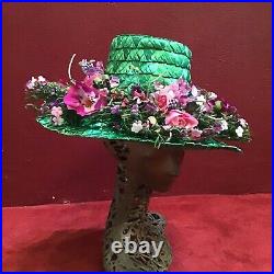 Vintage 60s Straw Green Raffia Hat Lavender Flowers Leslie James Fifth Ave