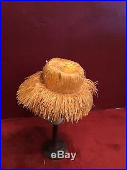 Vintage 60s Straw Hat Coral Orange Made In Italy Beach