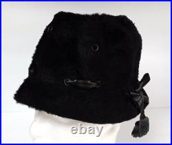 Vintage 60s Yves Saint Laurent YSL Italy Womens Black Fur Hat Leather Bow Bonnet