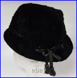 Vintage 60s Yves Saint Laurent YSL Italy Womens Black Fur Hat Leather Bow Bonnet