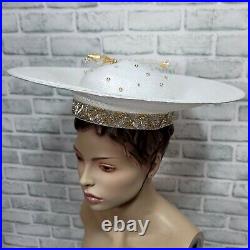 Vintage 80s 90s TIM CRAWFORD White Straw Rhinestone Beaded Derby Cartwheel Hat