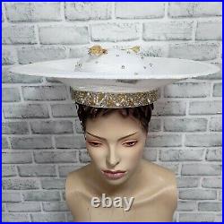 Vintage 80s 90s TIM CRAWFORD White Straw Rhinestone Beaded Derby Cartwheel Hat