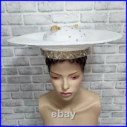 Vintage 80s 90s TIM CRAWFORD White Straw Rhinestone Beaded Derby Cartwheel Hat