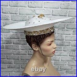 Vintage 80s 90s TIM CRAWFORD White Straw Rhinestone Beaded Derby Cartwheel Hat