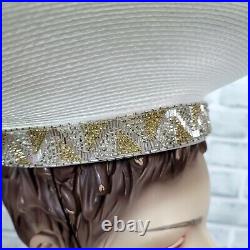 Vintage 80s 90s TIM CRAWFORD White Straw Rhinestone Beaded Derby Cartwheel Hat