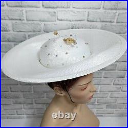 Vintage 80s 90s TIM CRAWFORD White Straw Rhinestone Beaded Derby Cartwheel Hat