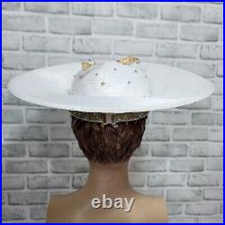 Vintage 80s 90s TIM CRAWFORD White Straw Rhinestone Beaded Derby Cartwheel Hat