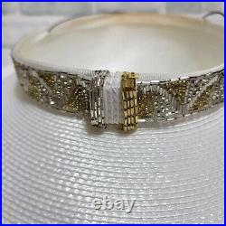 Vintage 80s 90s TIM CRAWFORD White Straw Rhinestone Beaded Derby Cartwheel Hat