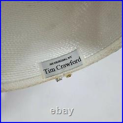 Vintage 80s 90s TIM CRAWFORD White Straw Rhinestone Beaded Derby Cartwheel Hat